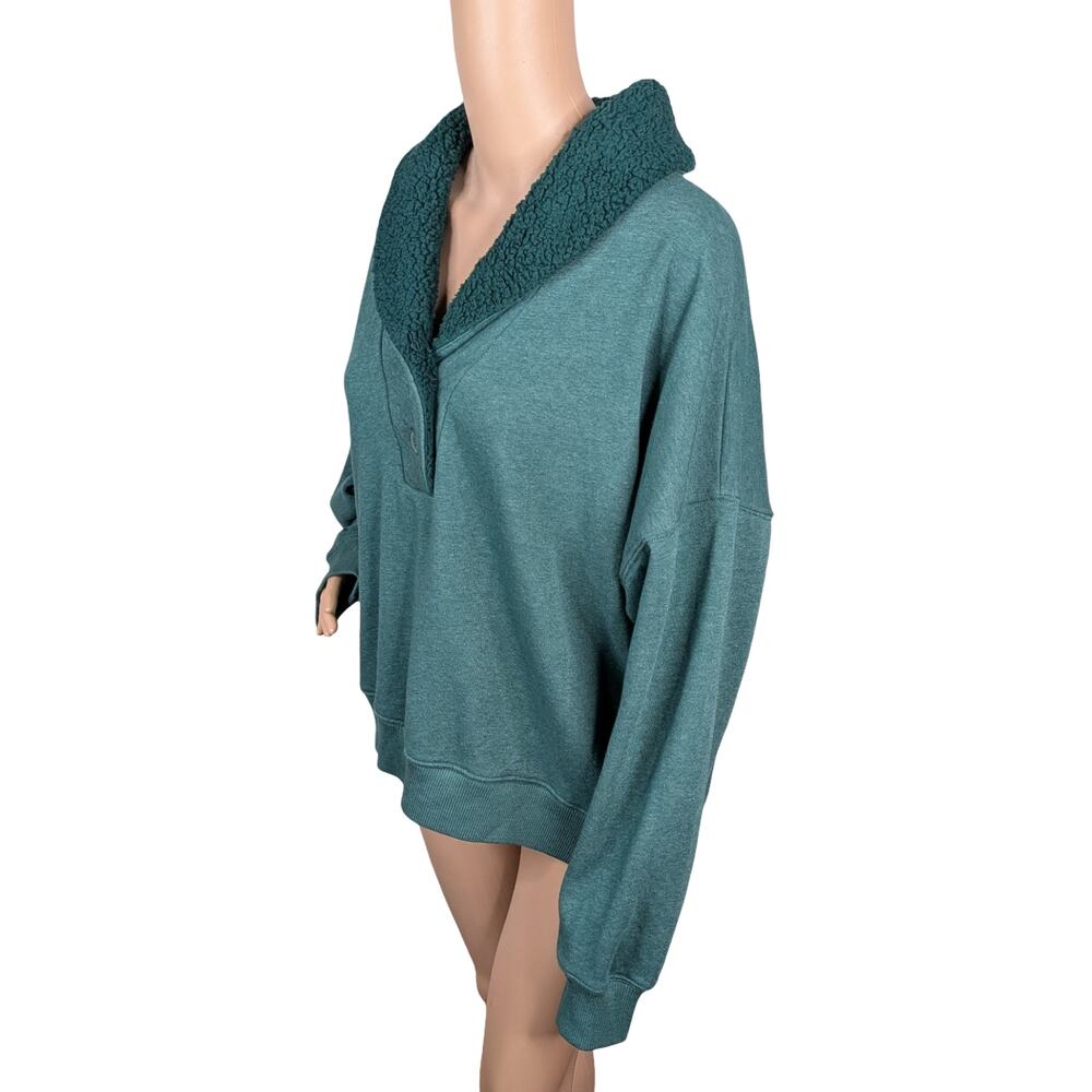 American Eagle Dark Green Sherpa Henley Sweatshirt Size XL Oversized Cabincore - Picture 8 of 12